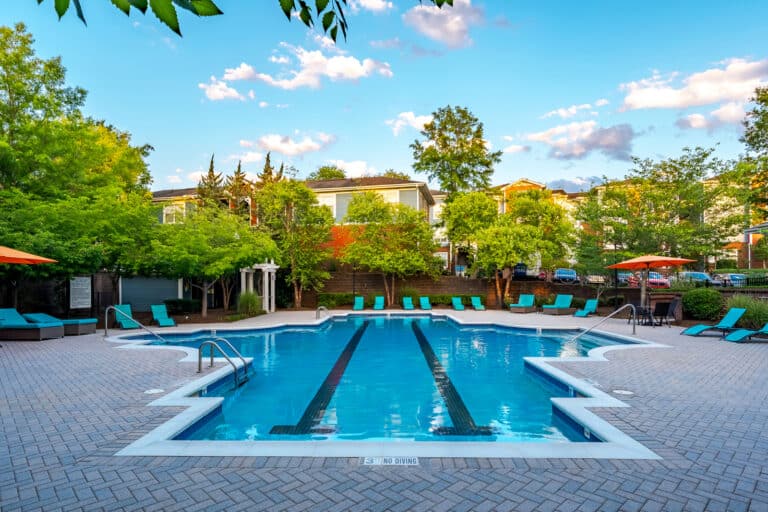 Relax out at our resort-style swimming pool at our Cary apartments.
